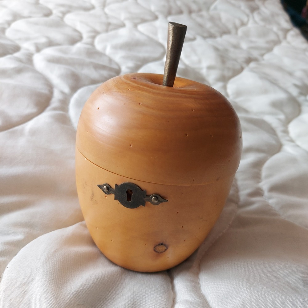 Handcrafted Wooden Apple Tea Caddy Fruit Shaped Trinket Box with Metal Hardware